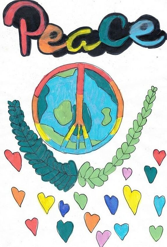 Bunt gestaltetes Peace-Zeichen, das die Welt umfasst, mit Schritzug in Regebogenfarben